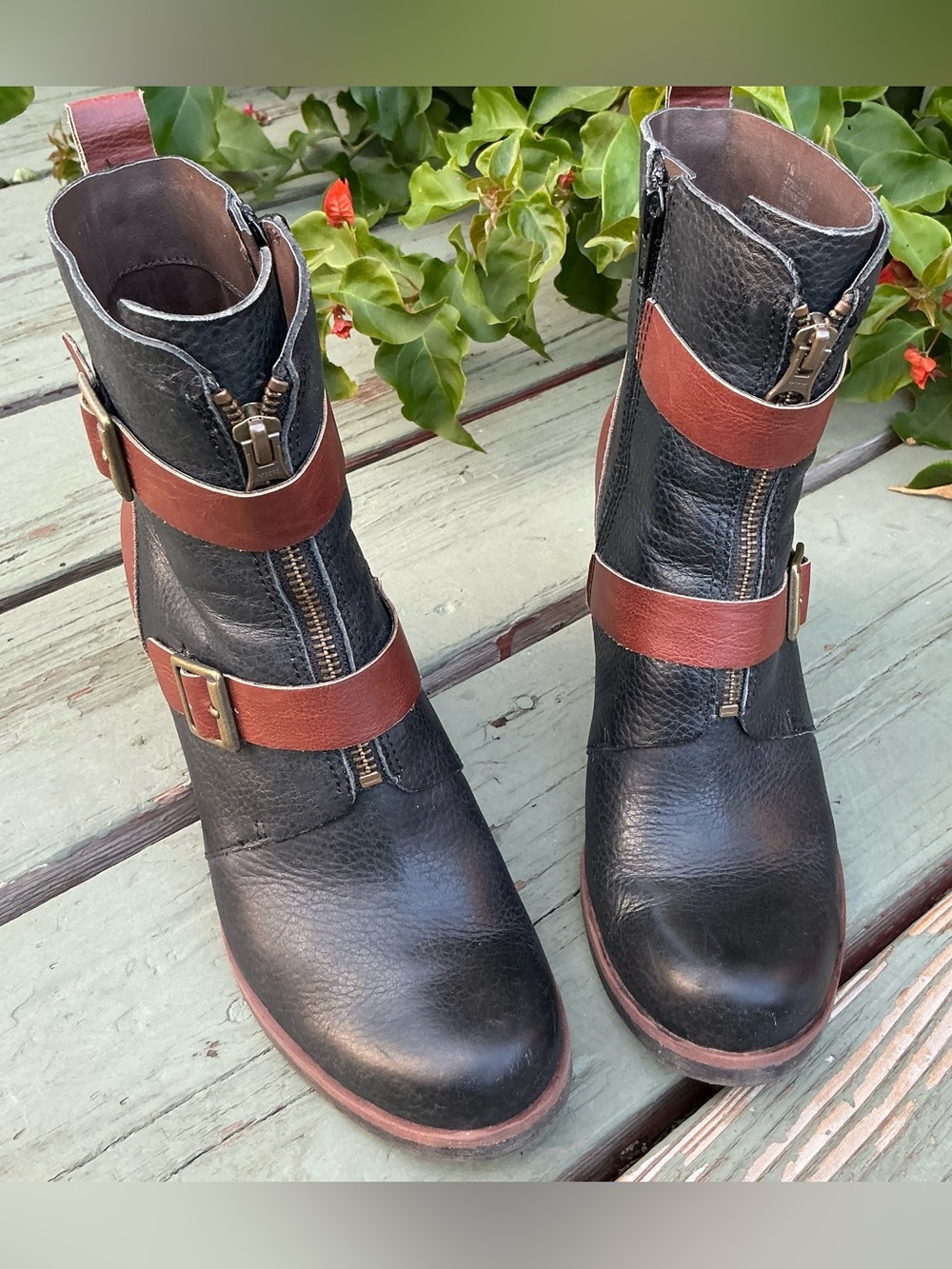 Kork-Ease Richard Black Two Tone Leather Ankle Heeled Boots Brown Strap Brown